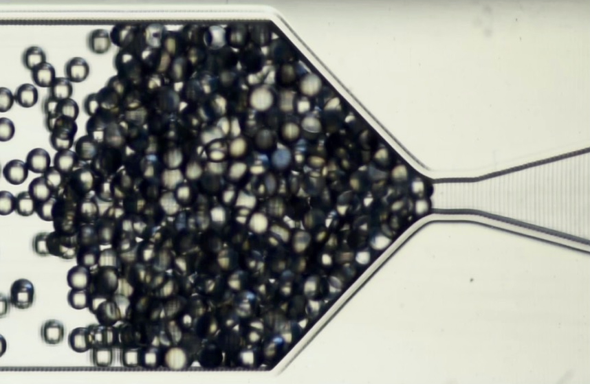 clog forming at a bottle neck in a millifluidic device