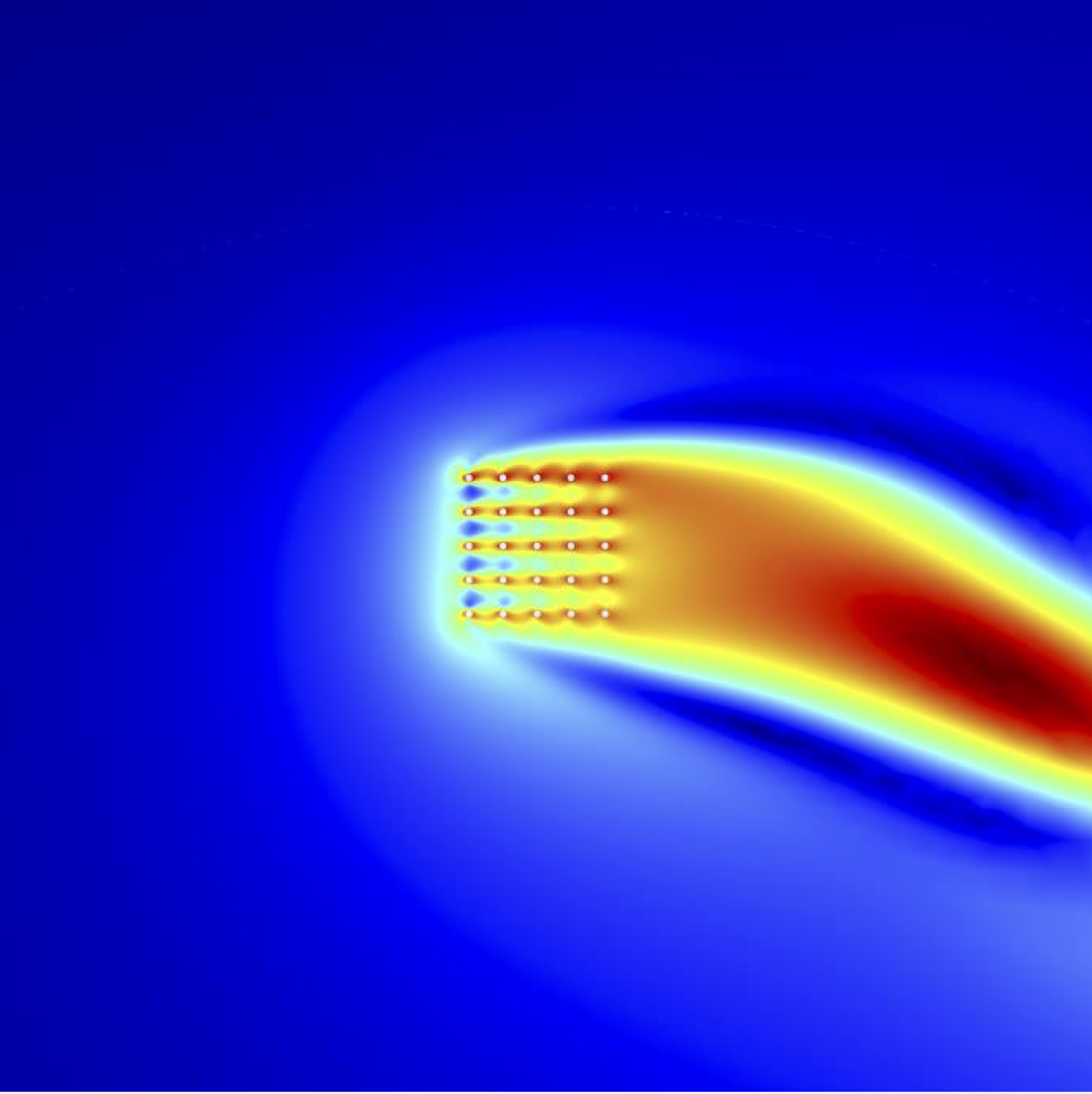 Array of 25 disks showing the flow through and around the midplane of an array of cylinders